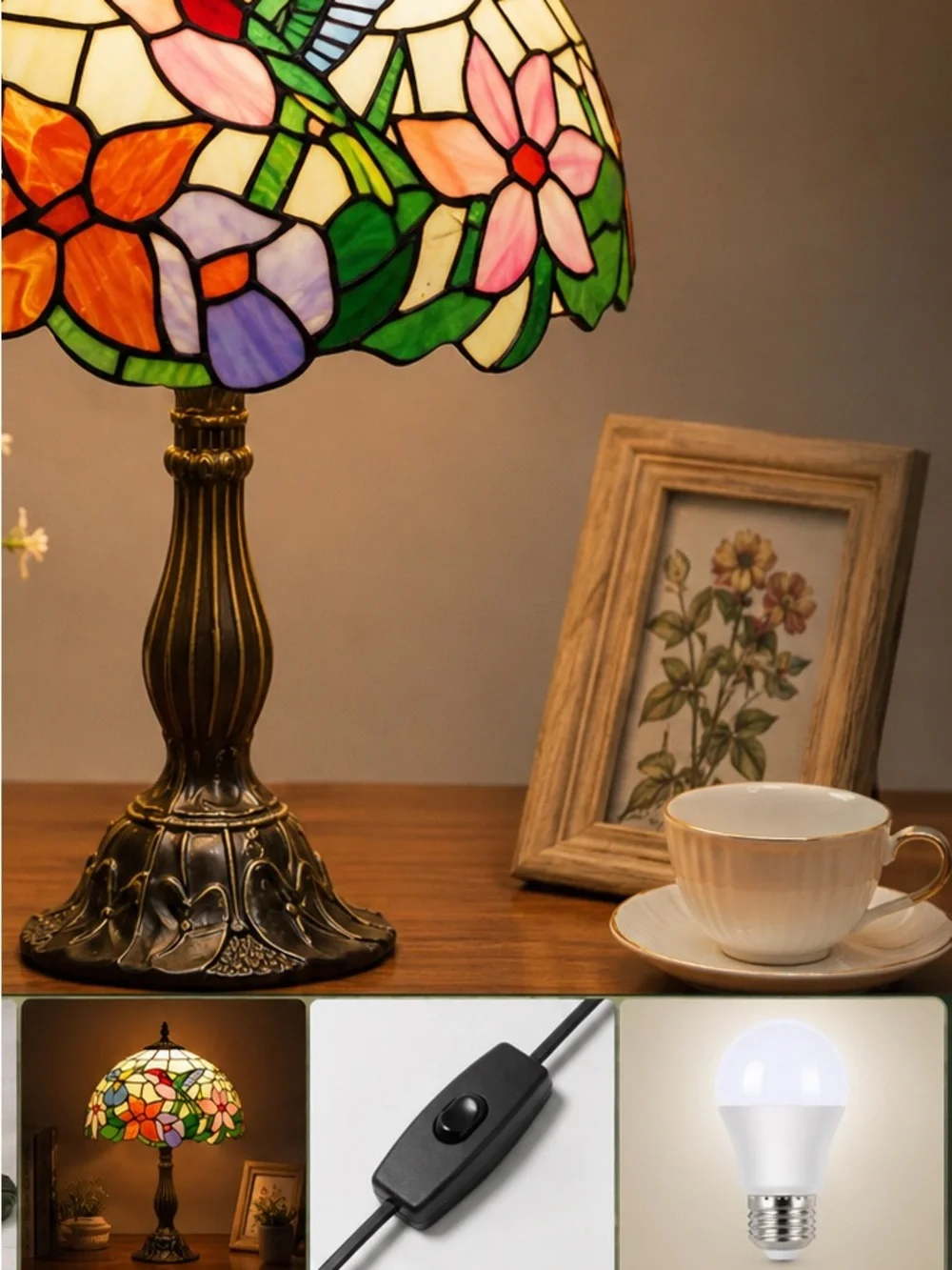 Tiffany Style Hummingbird Stained Glass Table Lamp Bedside Desk Lamp 18”